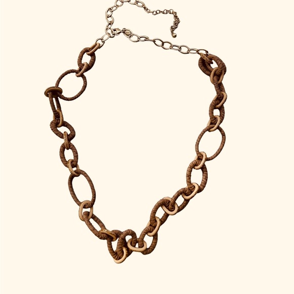 Vintage Chico's Goldtone Beige & Brown Leather Wrapped Chain Link Necklace - Picture 2 of 5